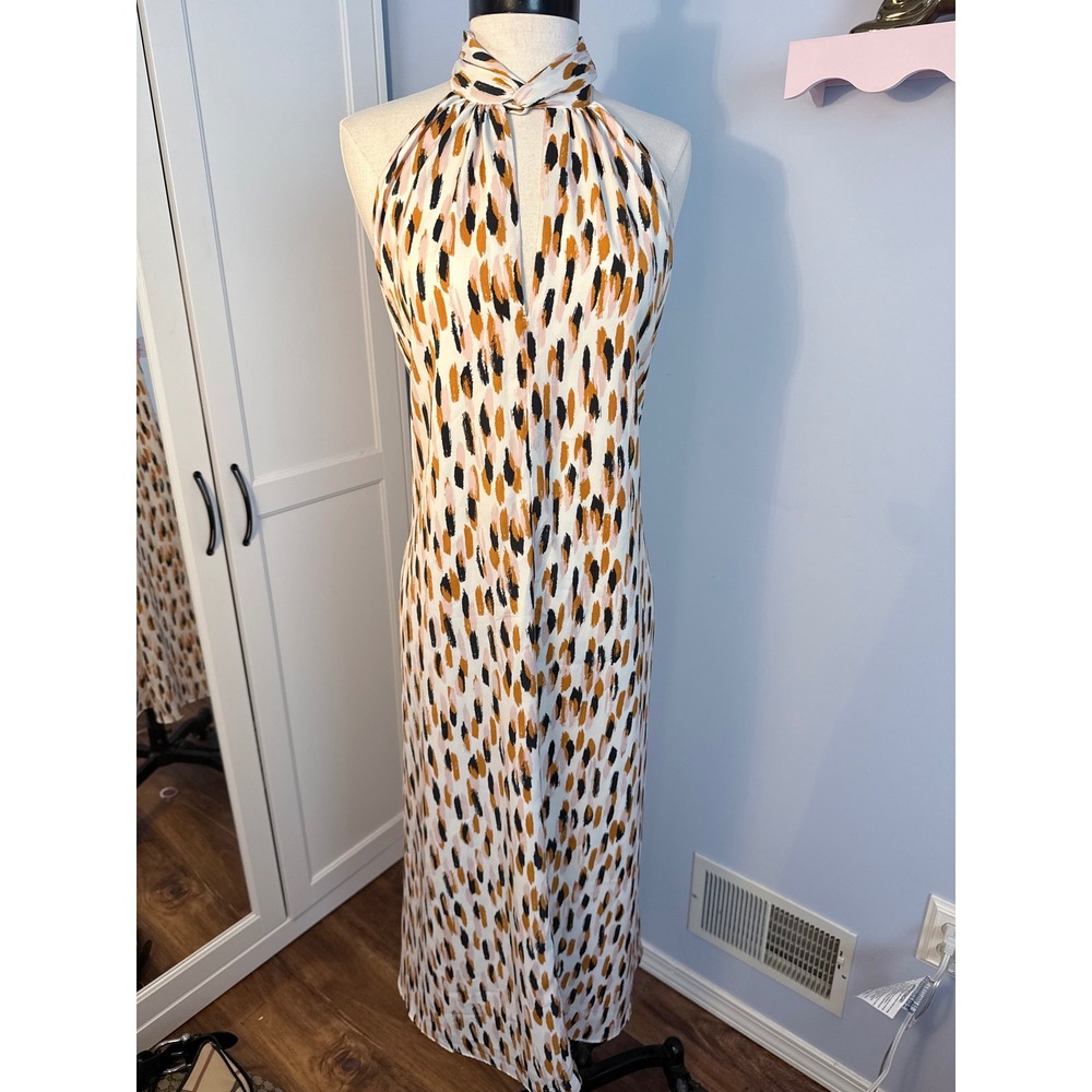 Banana Republic Halter Maxi Dress Abstract Brushstroke Print White Mustard M